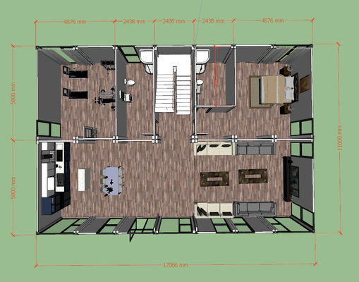 Vlak dak Modulair 2 slaapkamers Containerhuis Hoge duurzaamheid